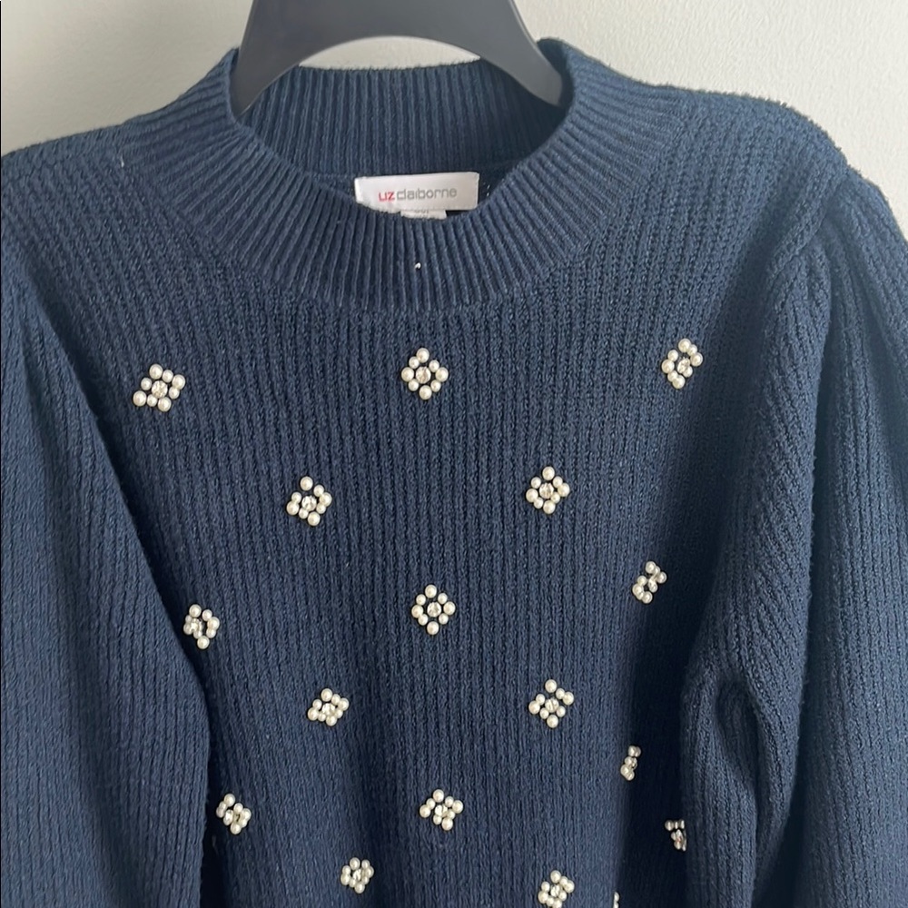 Navy Sweater with Pearl Embellishments